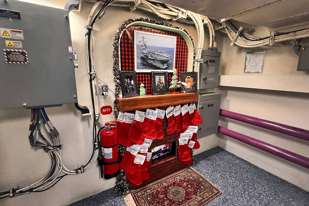 The crew of the USS Gerald R. Ford has put up decorations throughout the ship, including this e ...