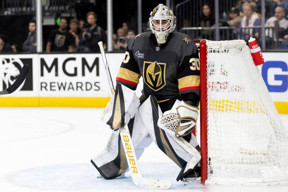 Vegas Golden Knights goaltender Jiri Patera watches the action during the third period of an NH ...