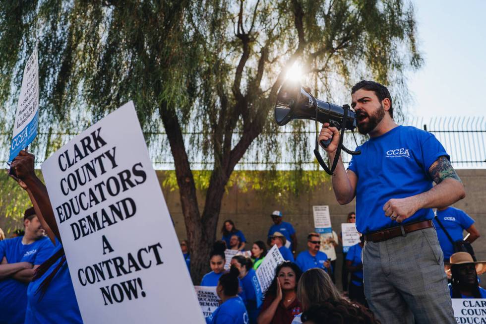 A demonstrator leads chants during a rally in support of the Clark County Education Association ...