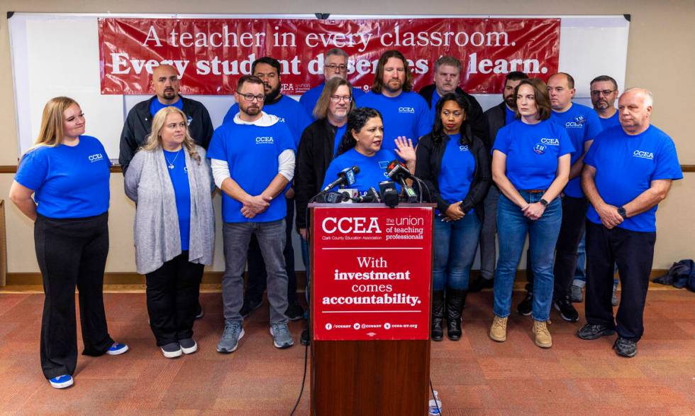 Marie Neisess, president of the Clark County Education Association, speaks during a news confer ...