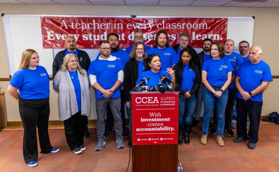 Marie Neisess, president of the Clark County Education Association, speaks during a news confer ...