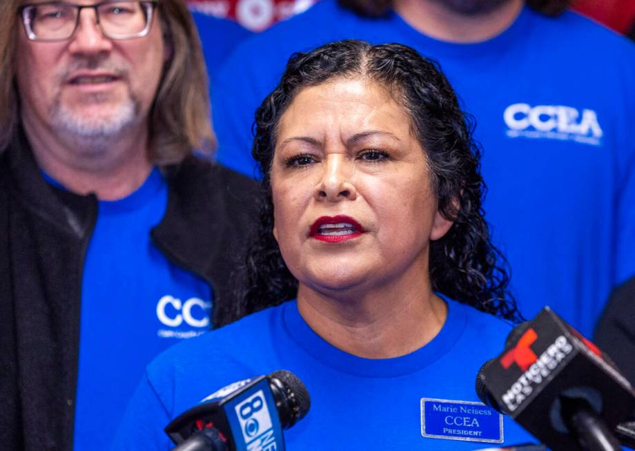 Marie Neisess, president of the Clark County Education Association, speaks during a news confer ...