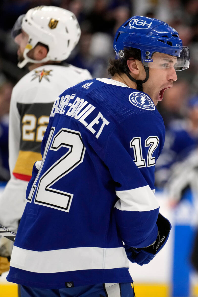 Tampa Bay Lightning center Alex Barre-Boulet (12) reacts after scoring against the Vegas Golden ...