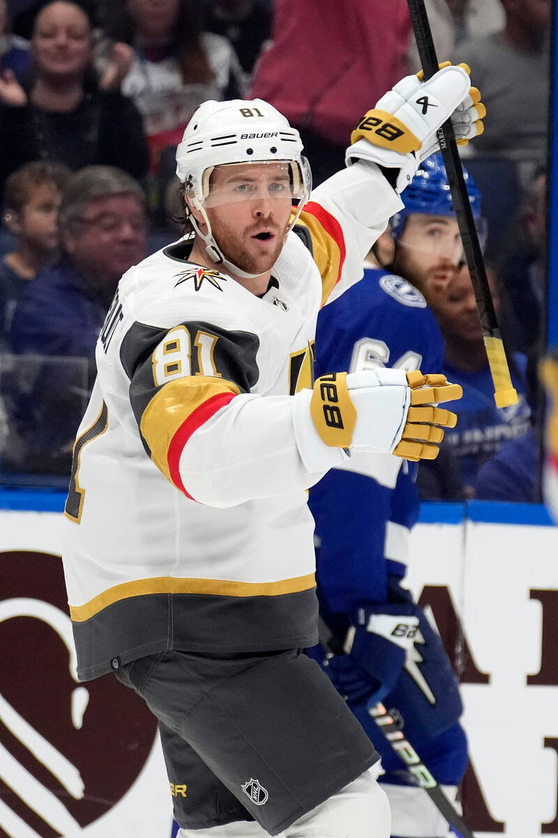 Vegas Golden Knights right wing Jonathan Marchessault (81) celebrates his goal against the Tamp ...