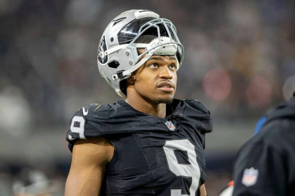 Raiders defensive end Tyree Wilson (9) on the field during the second half of an NFL game again ...