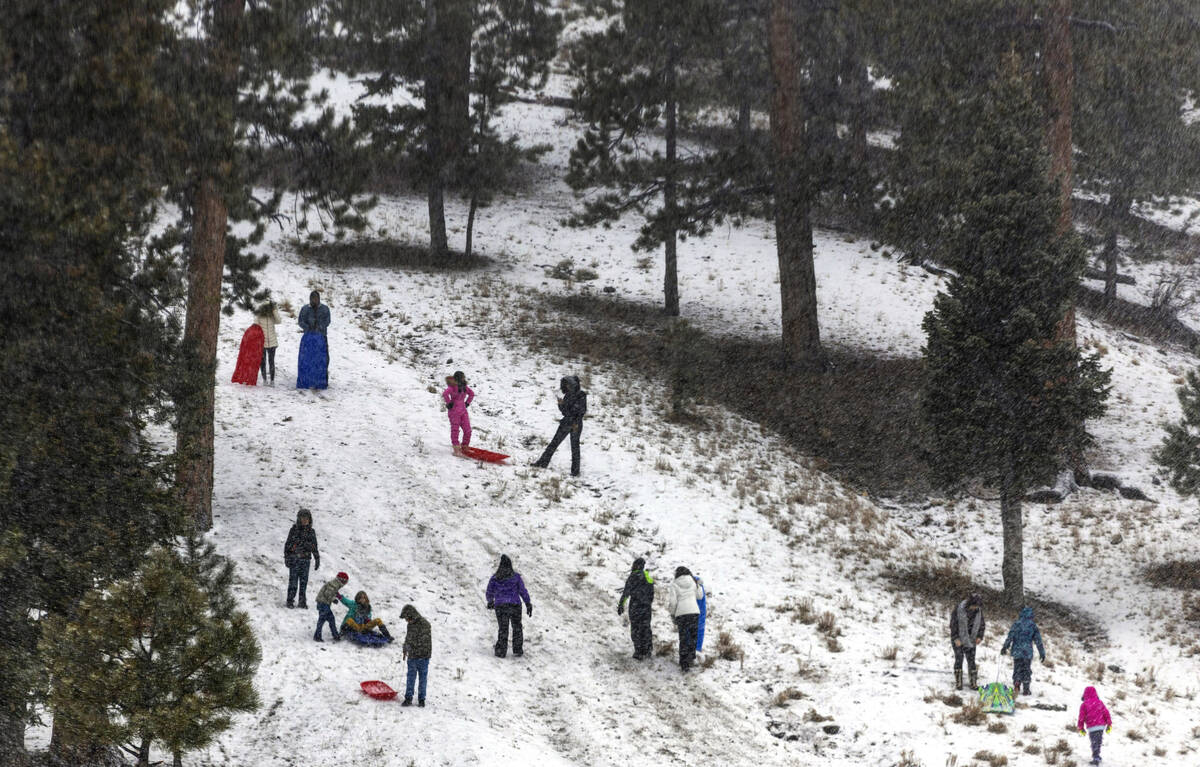 Sledders take to the hill about Lee Meadows as it continues to snow atop Mount Charleston on Fr ...