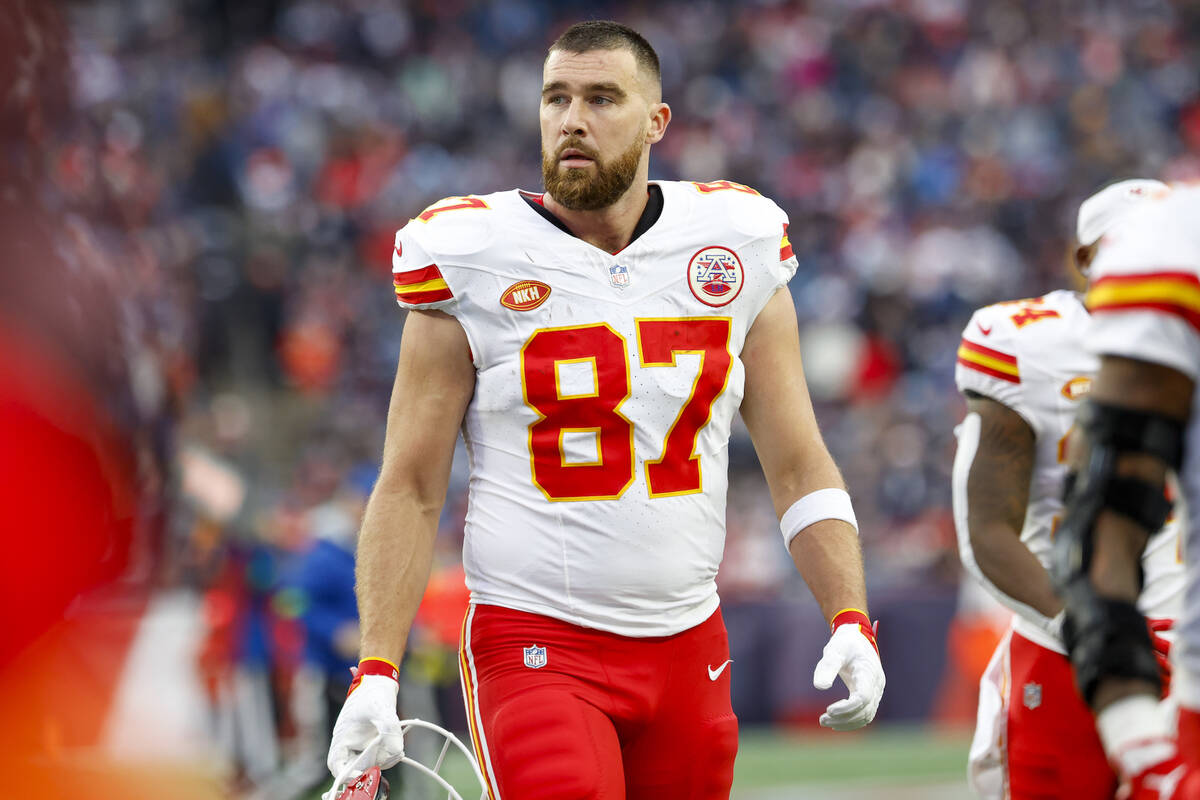 Kansas City Chiefs tight end Travis Kelce (87) reacts during the first half of an NFL football ...