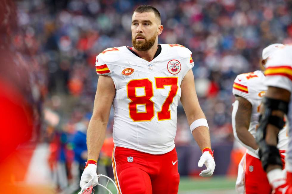 Kansas City Chiefs tight end Travis Kelce (87) reacts during the first half of an NFL football ...