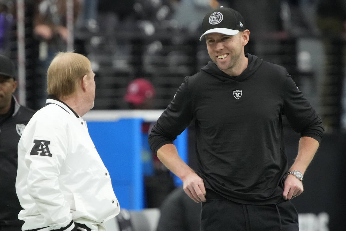 Las Vegas Raiders interim offensive coordinator Bo Hardegree during the first half of an NFL fo ...