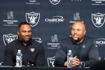 Champ Kelly, Raiders interim general manager, left, and Antonio Pierce, interim head coach, smi ...