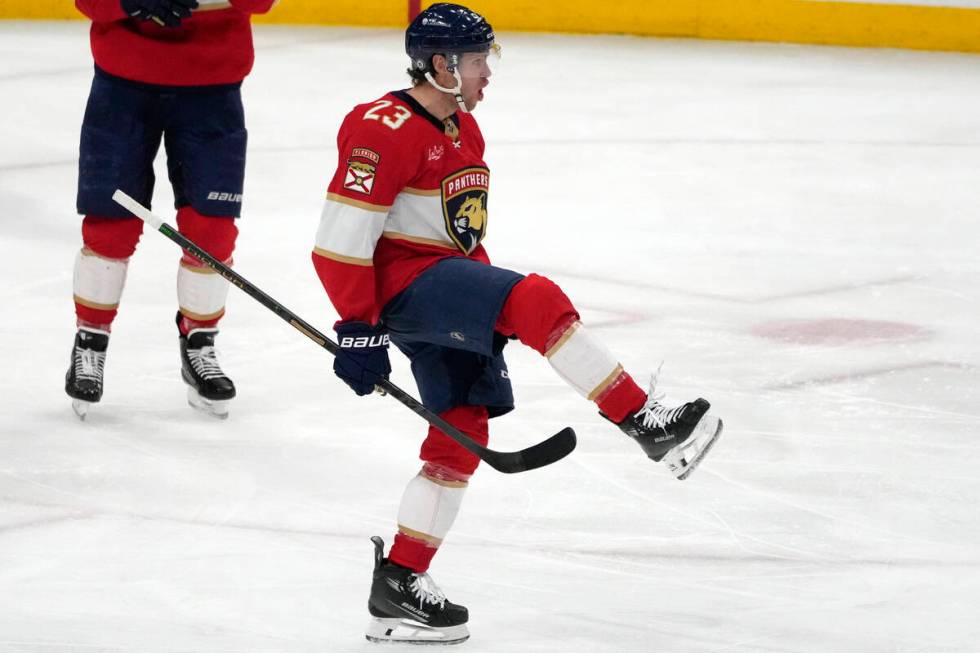 Florida Panthers center Carter Verhaeghe celebrates after scoring a goal during the third perio ...