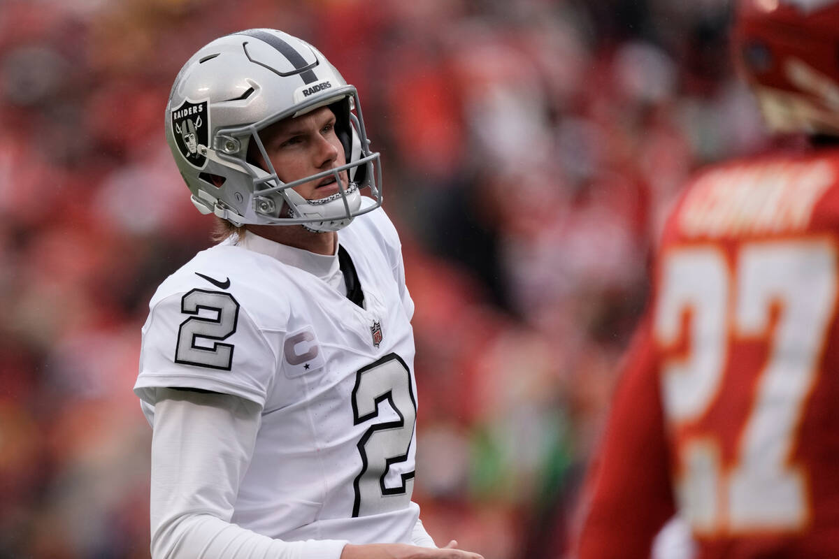 Las Vegas Raiders place-kicker Daniel Carlson watches his 24-yard field goal during the first h ...