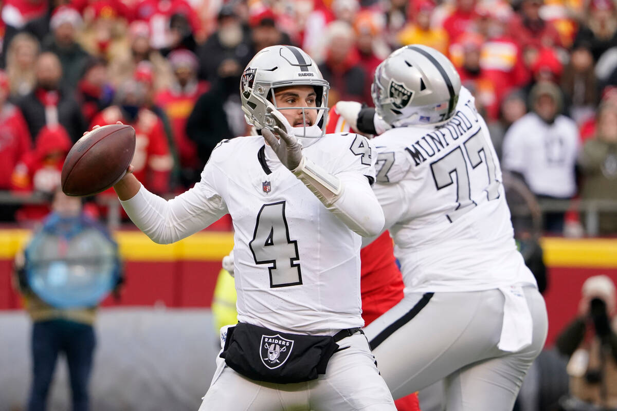 Las Vegas Raiders quarterback Aidan O'Connell (4) throws during the first half of an NFL footba ...