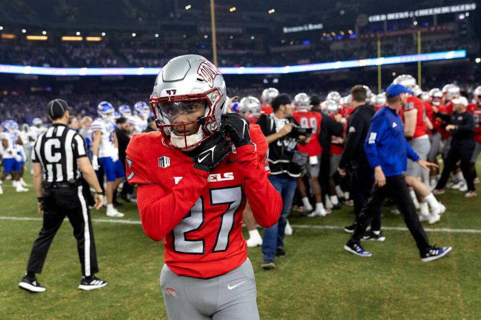 UNLV Rebels defensive back BJ Harris (27) walks away from a fight that broke out against Kansas ...