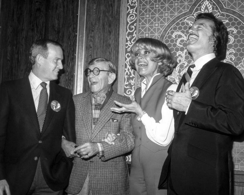 From left, Tom Smothers, George Burns, Carol Channing and Robert Goulet celebrate Burns' 80th b ...