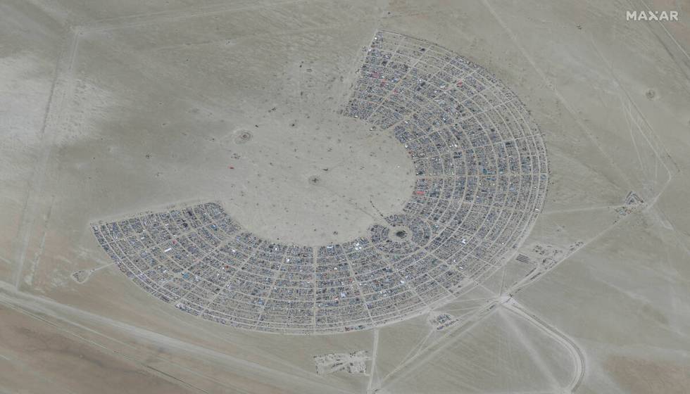 An overview of Burning Man festival in Black Rock, Nev on Monday, Aug. 28, 2023. (©2023 Maxar ...