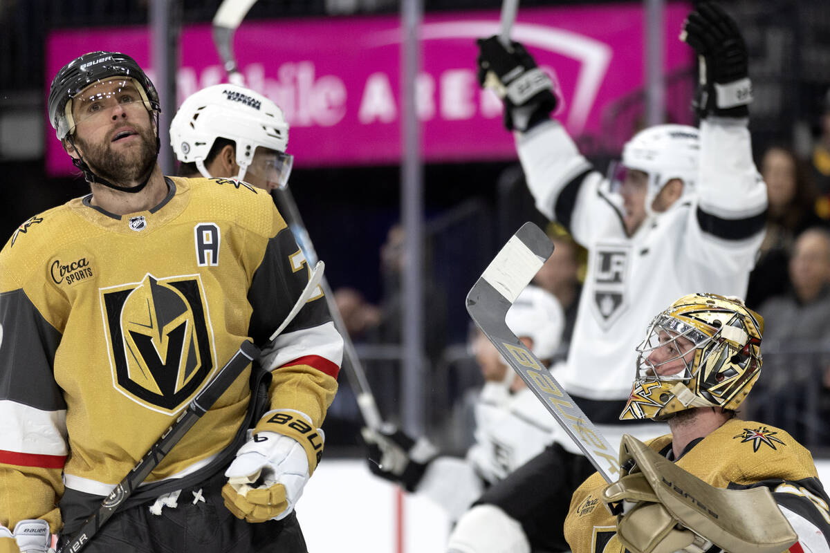 Golden Knights defenseman Alex Pietrangelo (7) and goaltender Logan Thompson (36) react after t ...