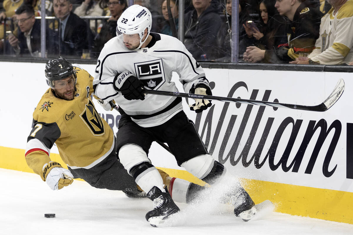 Golden Knights defenseman Alex Pietrangelo (7) falls to the ice while skating against -k2- duri ...