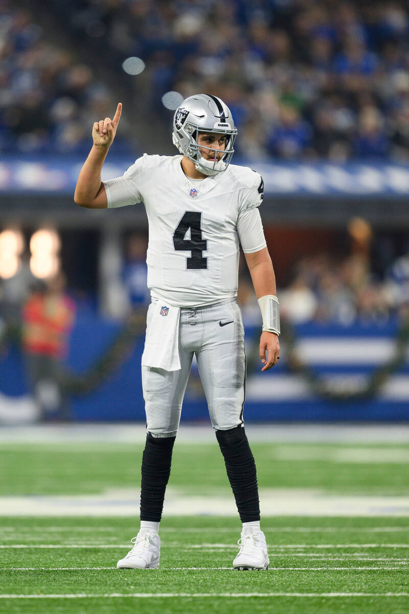 Las Vegas Raiders quarterback Aidan O'Connell (4) looks to the sidelines during an NFL football ...