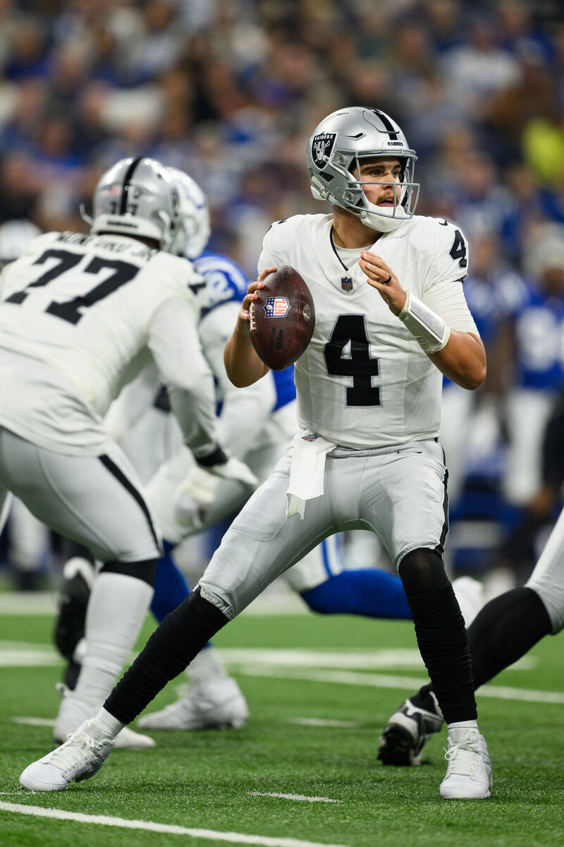 Las Vegas Raiders quarterback Aidan O'Connell (4) looks downfield from the pocket during an NFL ...