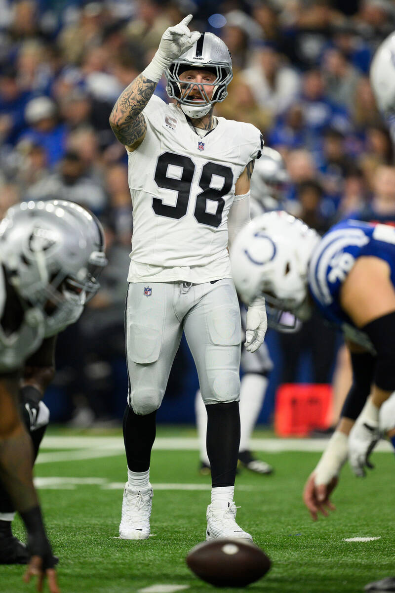 Las Vegas Raiders defensive end Maxx Crosby (98) looks to the sidelines during an NFL football ...