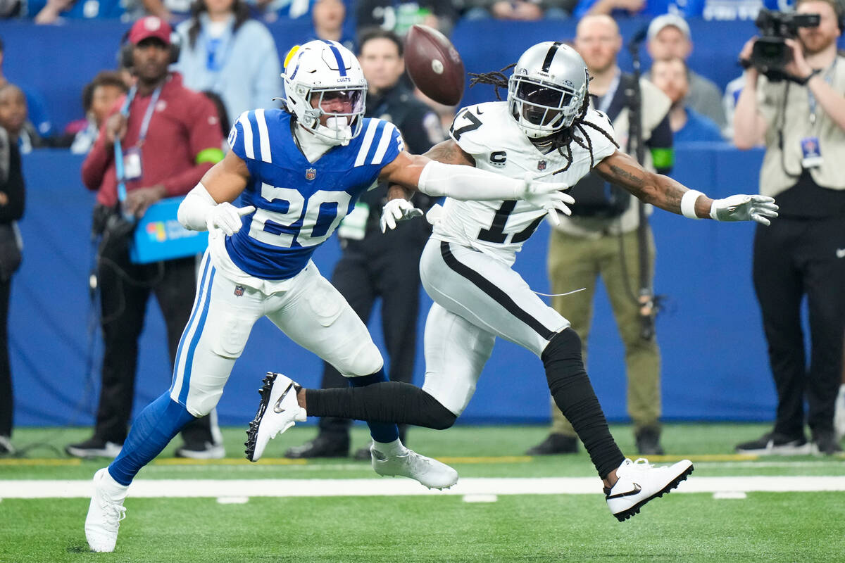 Indianapolis Colts safety Nick Cross (20) breaks up a pass intended for Las Vegas Raiders wide ...