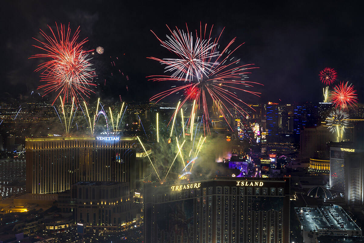 New Year’s Eve fireworks erupt above the Strip viewed from atop the Trump Tower on Sunda ...