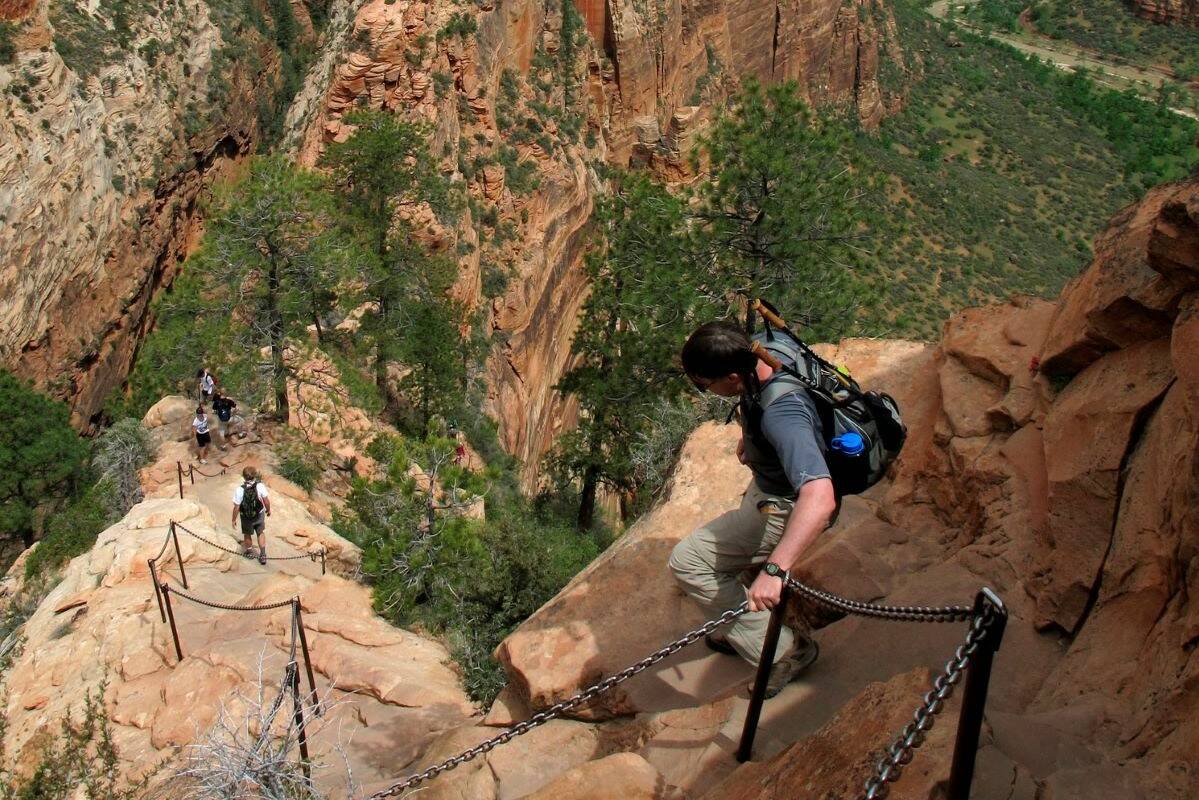 Hikers climb down the Angels Landing trail in Zion National Park in Utah. (Jud Burkett/The Spec ...