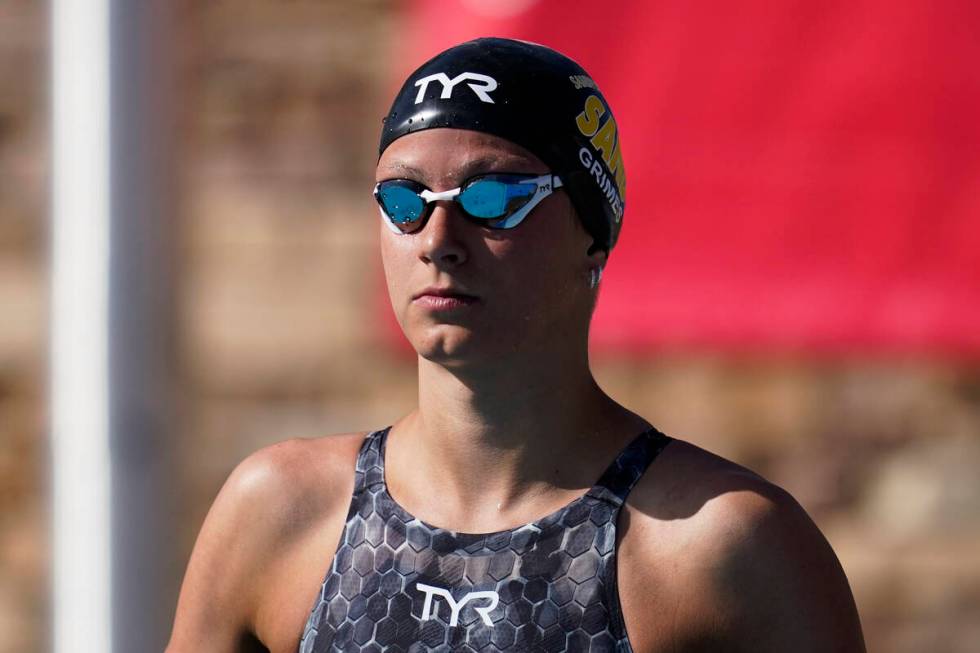 Katie Grimes pauses before competing in the women's 100-meter freestyle consolation final at th ...