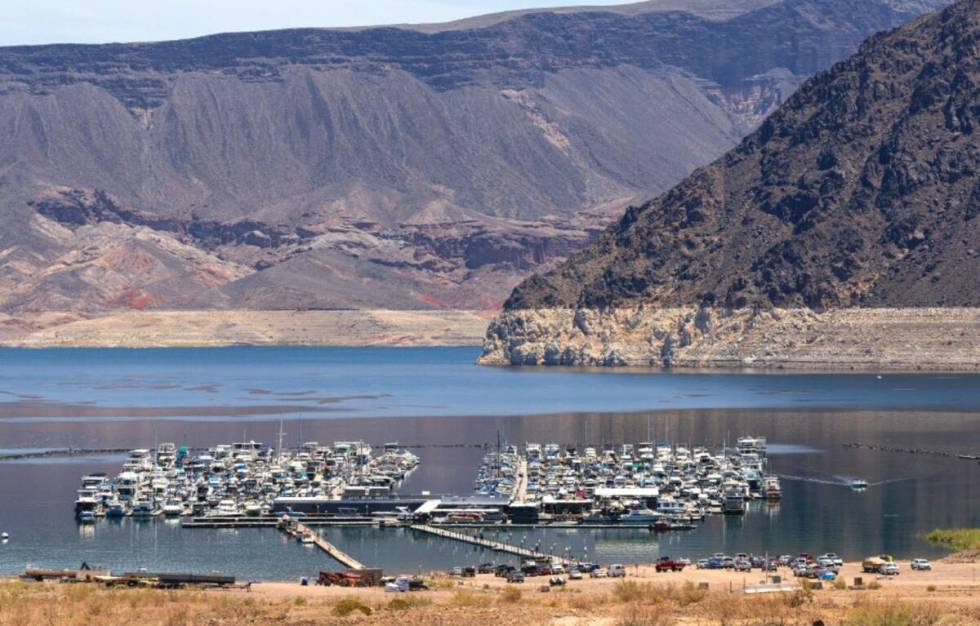 Boats are docked at the Las Vegas Boat Harbor in the Lake Mead National Recreation Area, on Mon ...