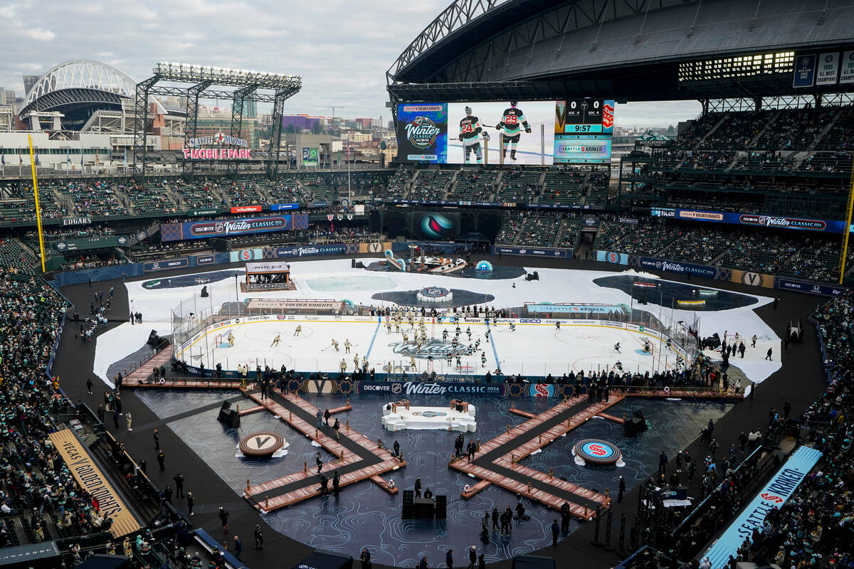 The Seattle Kraken and the Vegas Golden Knights warm up on the ice before the NHL Winter Classi ...