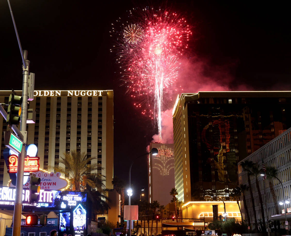Fireworks explode from the Plaza just after midnight during the Time of Your Life Festival at t ...