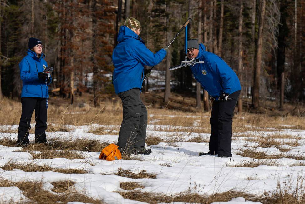 Sean de Guzman, right, snow survey manager at the California Department of Water Resources, con ...