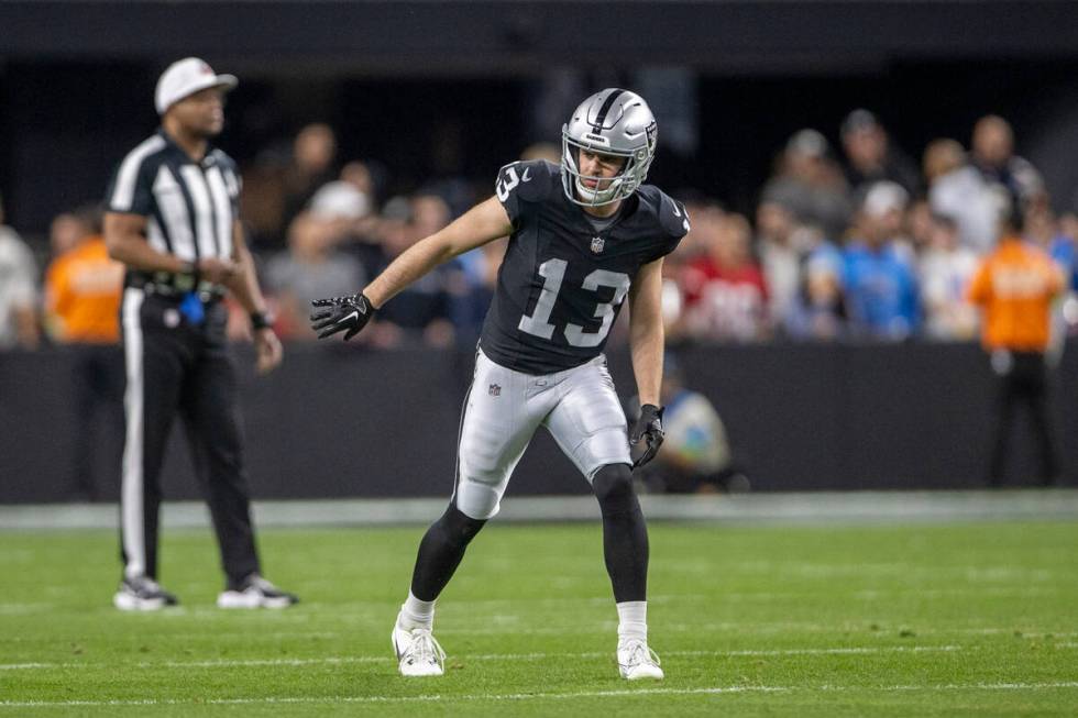 Raiders wide receiver Hunter Renfrow (13) lines up during the first half of an NFL game against ...