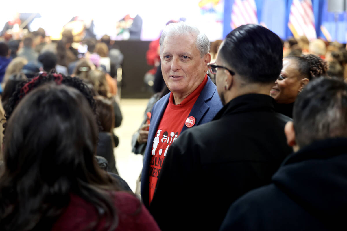 Culinary Union Secretary-Treasurer Ted Pappageorge works the crowd before Vice President Kamala ...