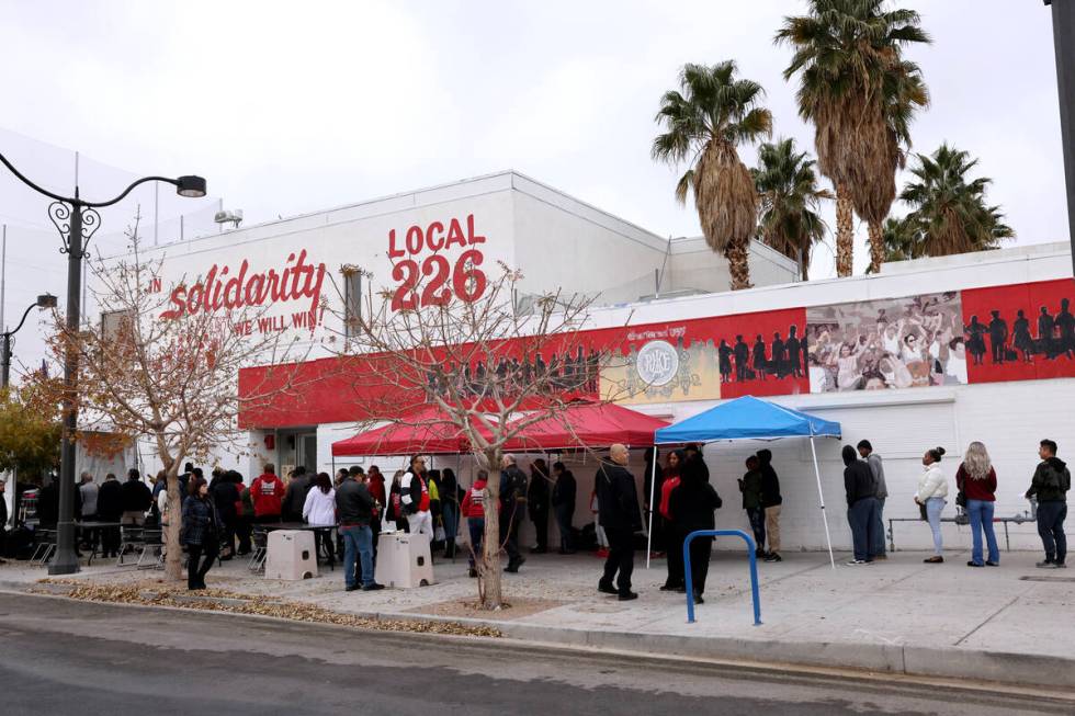 Culinary Union line up to see Vice President Kamala Harris speak to members and guests at union ...