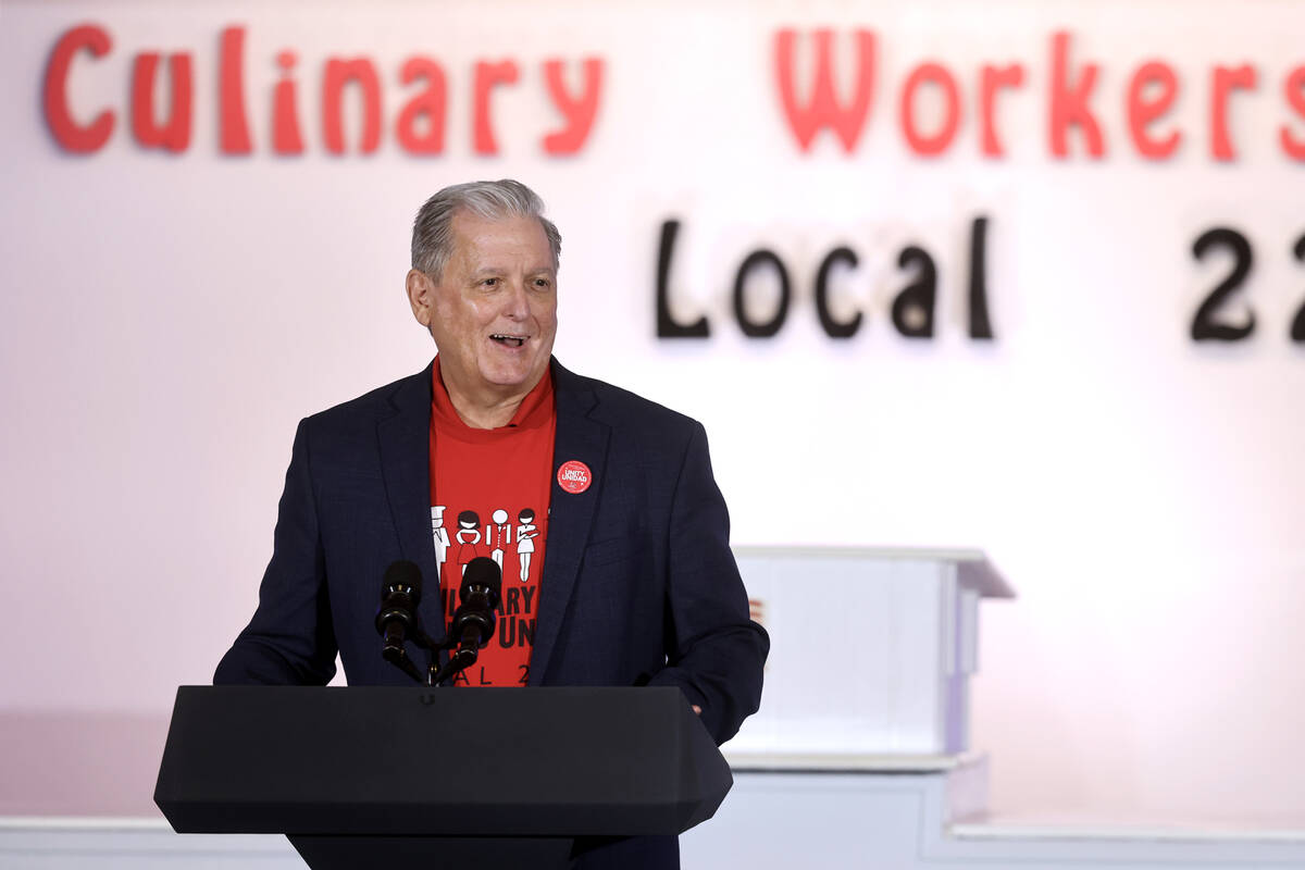 Culinary Union Secretary-Treasurer Ted Pappageorge fires up the crowd before Vice President Kam ...