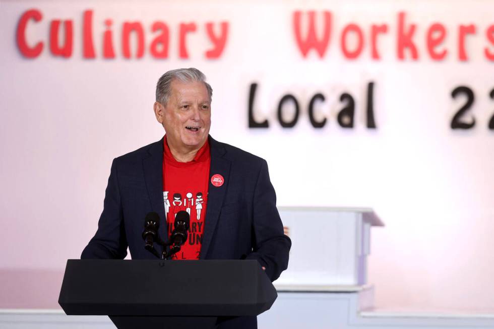 Culinary Union Secretary-Treasurer Ted Pappageorge fires up the crowd before Vice President Kam ...