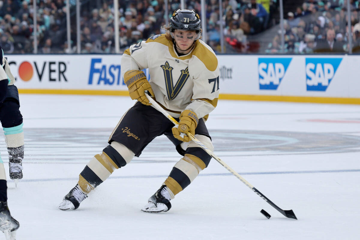 Vegas Golden Knights center William Karlsson (71) skates with the puck against the Seattle Krak ...