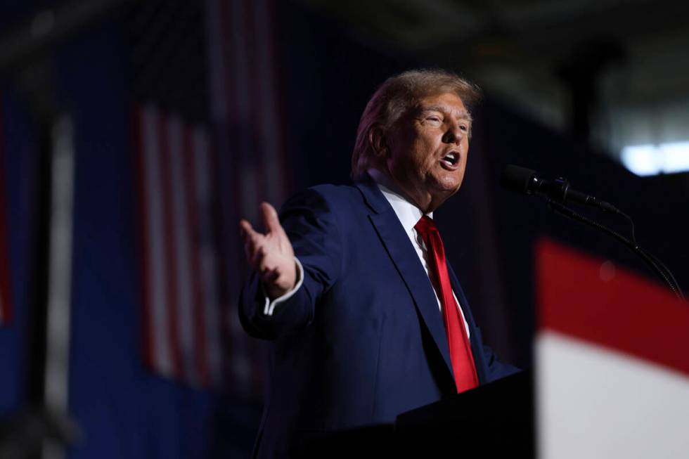 FILE - Former President Donald Trump speaks at a campaign rally Saturday Dec. 16, 2023, in Durh ...