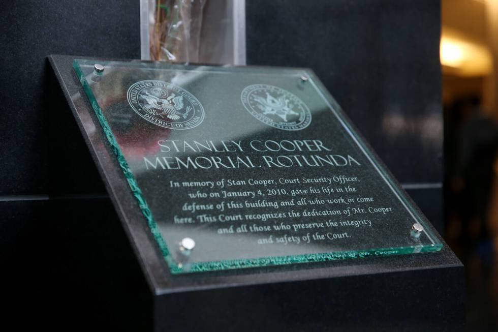 The Stan Cooper memorial plaque inside the Lloyd George U.S. Courthouse in Las Vegas, Friday, J ...