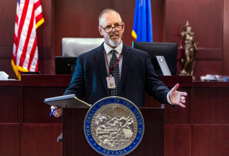 Chief Judge Jerry Wiese II speaks in his courtroom during a press conference by about Deobra Re ...