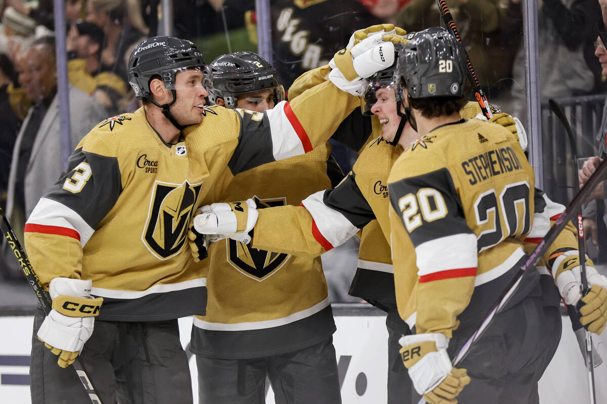 The Vegas Golden Knights celebrate Pavel Dorofeyev’s goal against the Florida Panthers d ...