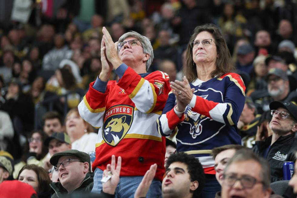 Florida Panthers fans cheer their team’s fourth goal against the Vegas Golden Knights du ...