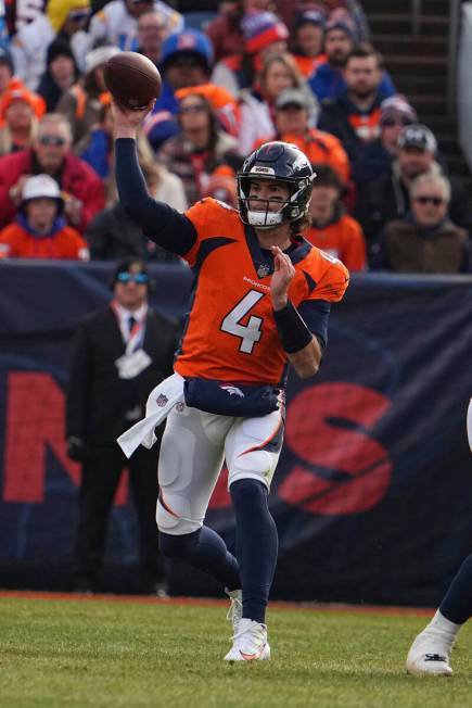 Denver Broncos quarterback Jarrett Stidham (4).against the Los Angeles Chargers of an NFL footb ...