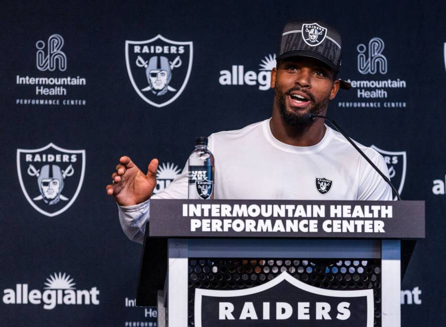 Raiders running back Ameer Abdullah (22) answers a question in a media interview during trainin ...