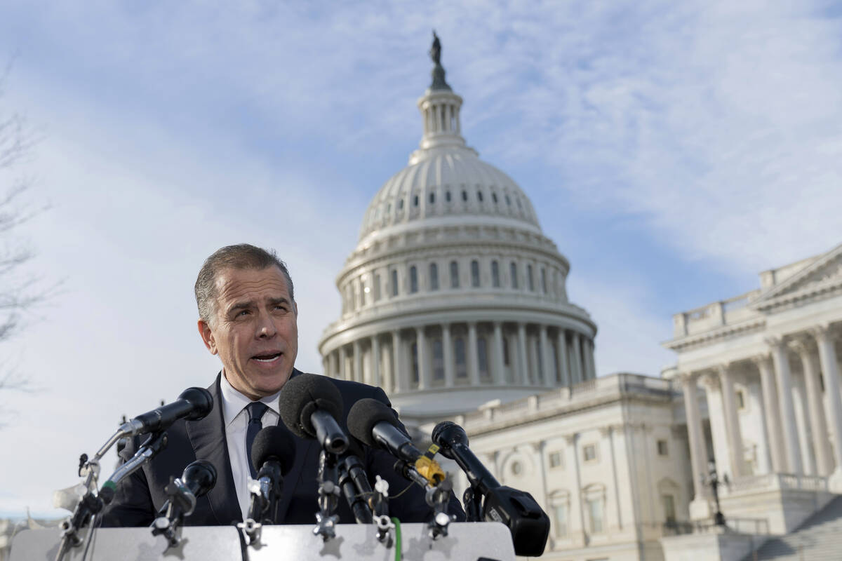 Hunter Biden, son of President Joe Biden, talks to reporters at the U.S. Capitol, in Washington ...