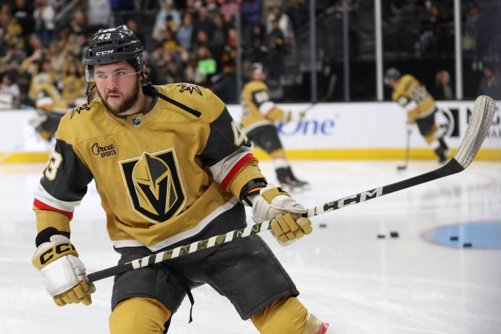 Golden Knights center Paul Cotter (43) skates during warmups before an NHL hockey game Panthers ...