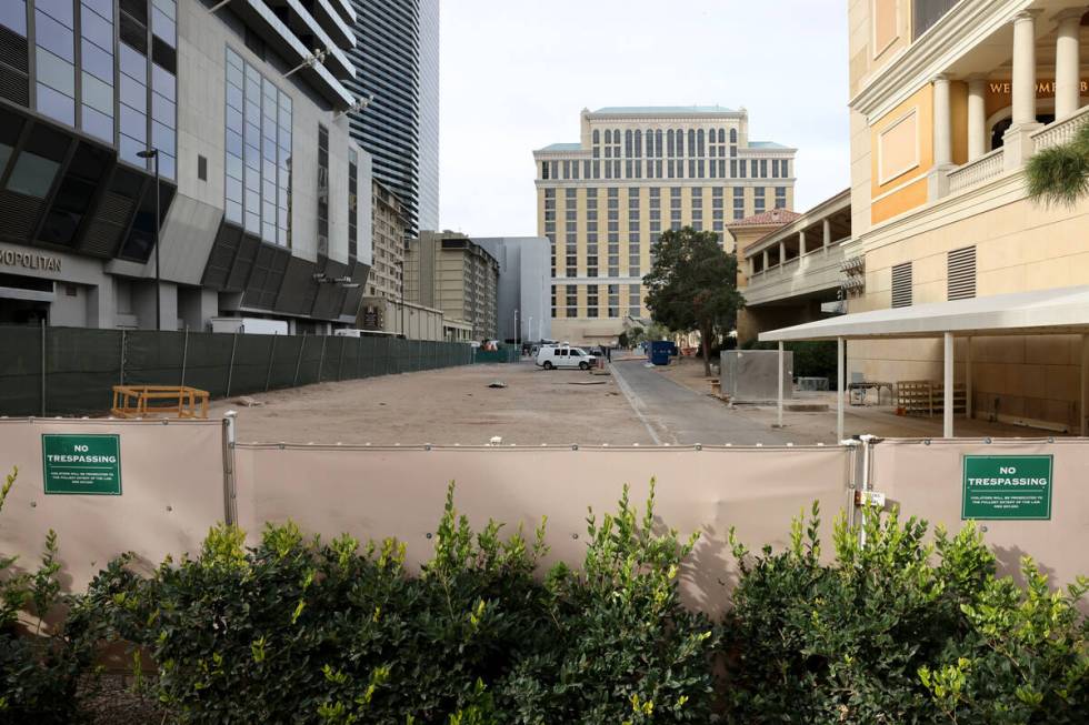 A sliver of land between the Bellagio and The Cosmopolitan is shown on the Strip in Las Vegas o ...