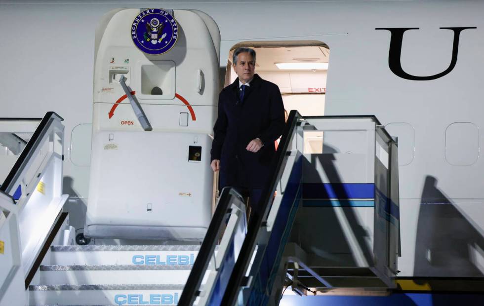 U.S. Secretary of State Antony Blinken arrives in Istanbul, Turkey, Friday, Jan. 5, 2024, on h ...